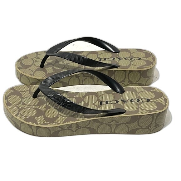COACH WMN’S Khaki/Black SIG C LYNN Platform Wedge Sandal/Flip Flops Sz 9 - Picture 5 of 10